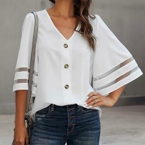 Mesh Panel V-Neck Button Up Blouse